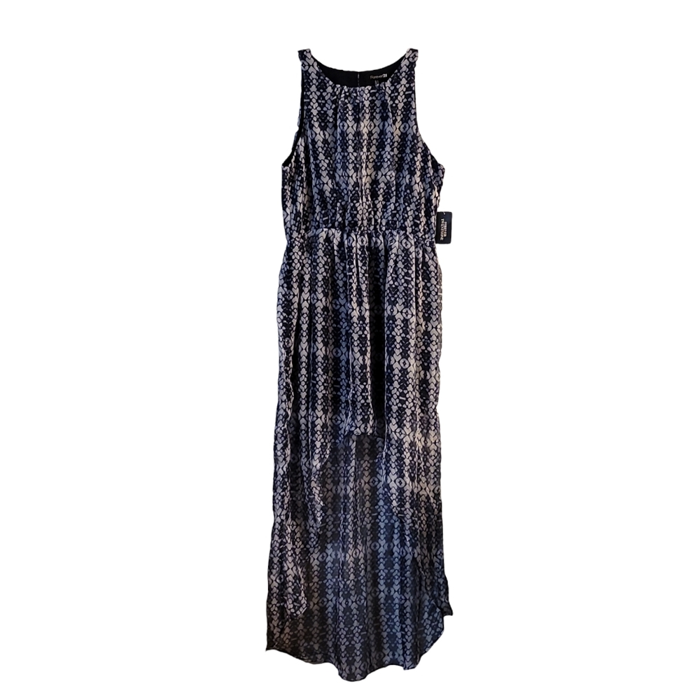 Forever 21 Hi-Low Sheer Sleeveless Blue White Dress, Size L